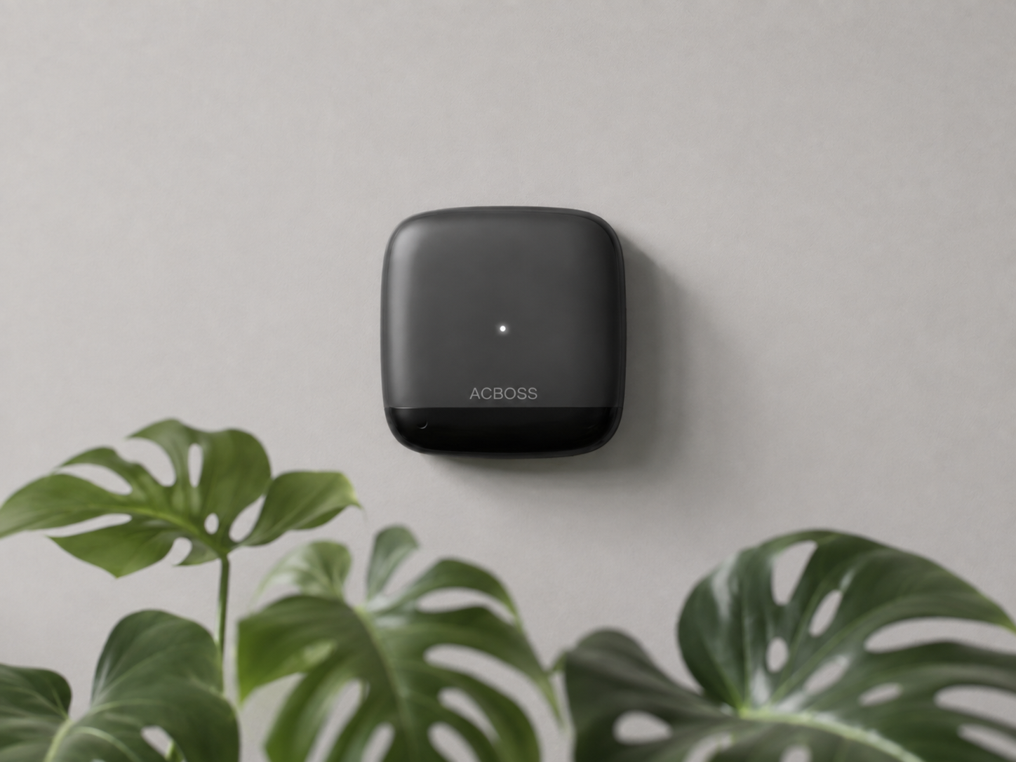 ACBOSS mounted on a light wall above green leaves
